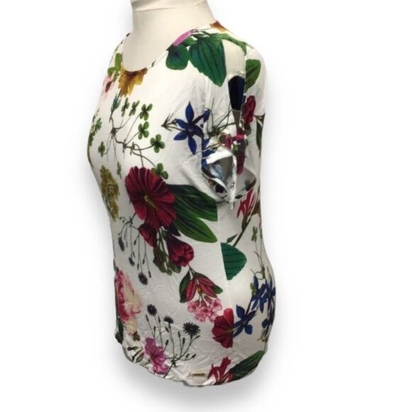 Calvin Klein Women’s Cold Shoulder Floral Top, White Floral, size S - Picture 2 of 8
